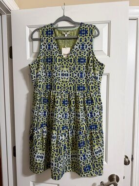 NWT Tyler Boe Green and Blue Leopard Print Sleeveless Tiered Dress with Pockets